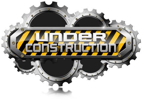 Horizontal metallic icon or symbol with gears and text under construction. Isolated on white background