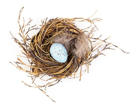 Easter egg in birds nest isolated on white background