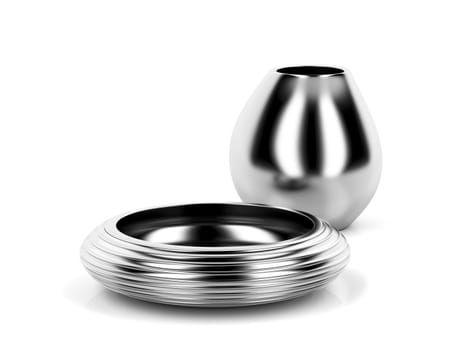 Silver vase and bowl on white background