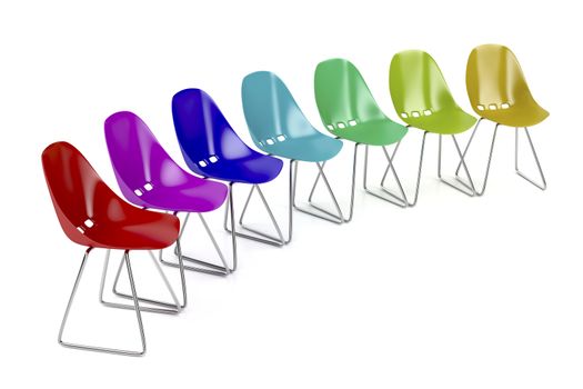 Colorful plastic chairs on white background
