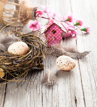 easter eggs on white wooden background