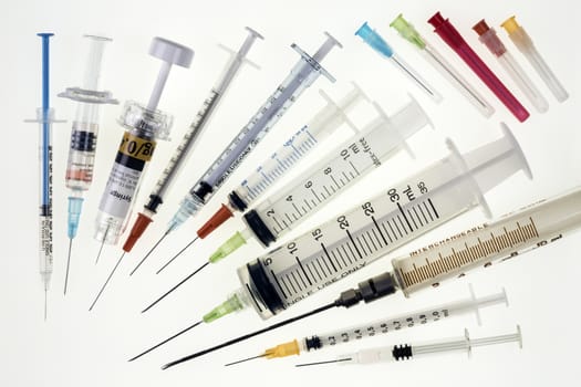 A selection of syringes and hypodermic needles used in medicine to give injections.