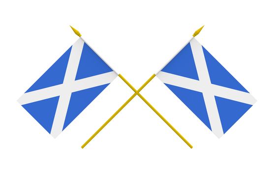Two crossed flags of Scotland, 3d render, isolated on white