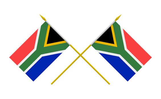 Two crossed flags of South Africa, 3d render, isolated on white