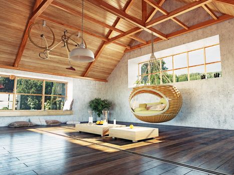 beautiful modern attic interior with hanging sofa. 3d design concept.
