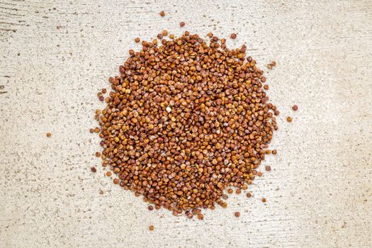 gluten free red quinoa grain - top view against rustic white painted barn wood