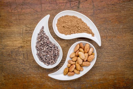 raw cacao beans, nibs and powder - top view of teardrop shaped bowls against rustic wood