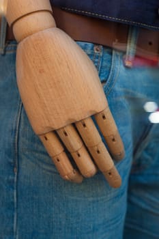 Close up of mannequin wooden hand