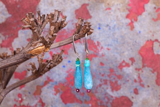 Close up of chalcedony earrings, manufactured by Ornella Salamone