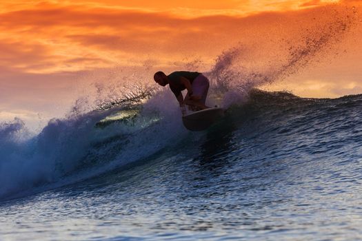 Surfer on Amazing Wave at sunset time, Bali island.