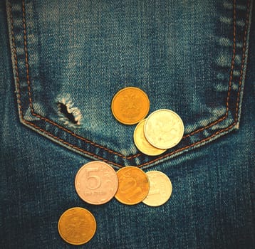 jeans pocket with hole and russian coins. instagram image style