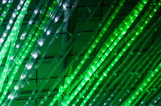 Closeup of glowing green lights decoration