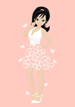 girl in a flower dress on pink background