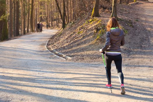 Young fit woman hiking in nature. Adventure, sport and exercise. 