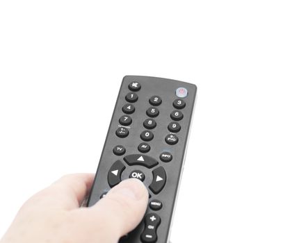 TV remote control panel in hand on white,isolated