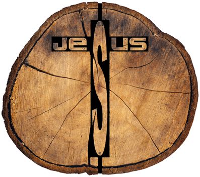 Text Jesus in the shape of wooden Christian cross on a section of tree trunk isolated on white background