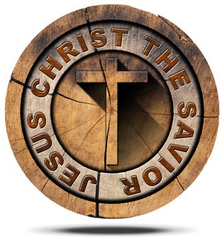 Wooden Christian cross on a section of tree trunk and text Jesus Christ the savior. isolated on white background