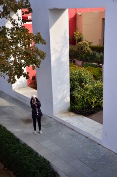 Jaipur, India - January 31, 2014: Tourist visit Jawahar Kala Kendra on January 31, 2014. Jawahar Kala Kendra (JKK) is a multi arts centre located in Jaipur in India. It was built by Rajasthan government.