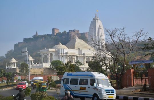 Jaipur, India - January 31, 2014: Birla Mandir (Laxmi Narayan) is a Hindu temple in Jaipur, India on January 31, 2014. The temple was constructed by Birla Foundation, which has also constructed several similar temples across India