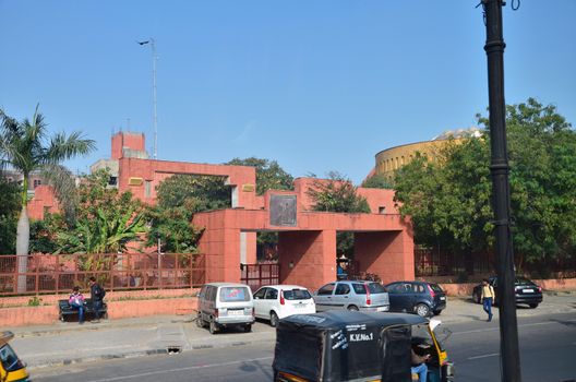 Jaipur, India - January 31, 2014: Indian People around Jawahar Kala Kendra on January 31, 2014. Jawahar Kala Kendra (JKK) is a multi arts centre located in Jaipur in India. It was built by Rajasthan government.