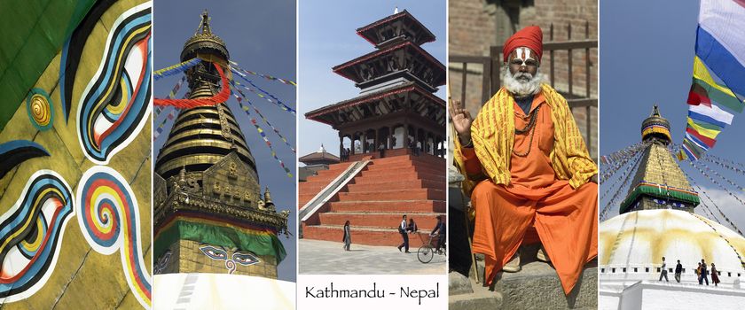 The city of Kathmandu in Nepal - The all-seeing Eyes of Buddha, Swayambhunath Stupa, Durbar Square in Patan, Hindu Sadhu at Pashupatinath and prayer flags at Boudhanath Stupa.