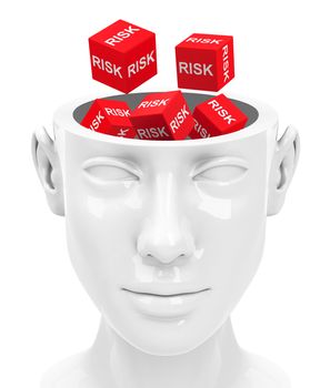 3d generated picture of a human head and some risk cubes instead a brain