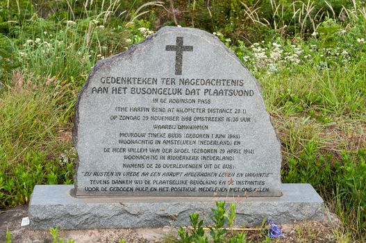 ROBINSON PASS, SOUTH AFRICA - JANUARY 2, 2015: Memorial in Dutch for Dutch citizens that died in a bus accident on the pass in 1998