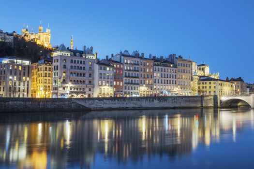 View of Lyon with Saone river at night, France.