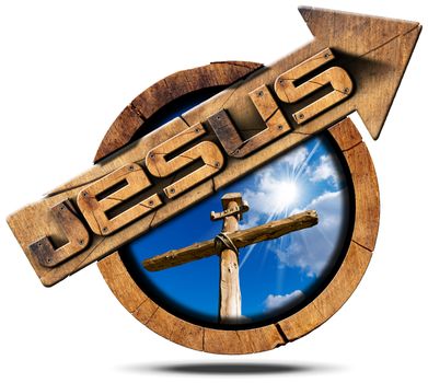 Wooden signage with arrow and text Jesus, wooden cross on blue sky with clouds. isolated on white background