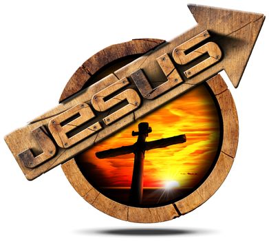 Wooden signage with arrow and text Jesus, cross silhouette at sunset with cloudy sky. isolated on white background