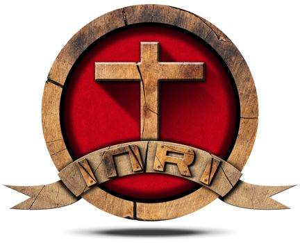 Wooden symbol with cross on red velvet and wooden ribbon with text INRI, Jesus of Nazareth the king of the jews in Latin. Isolated on white background