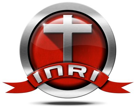 Metal icon with cross and red ribbon with text INRI, Jesus of Nazareth the king of the jews in Latin. Isolated on white background