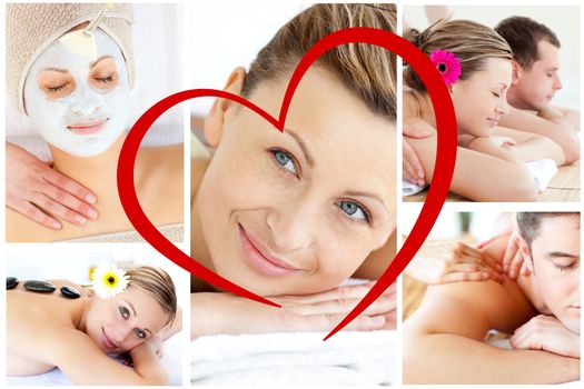 Collage of young people having relaxation treatments against heart
