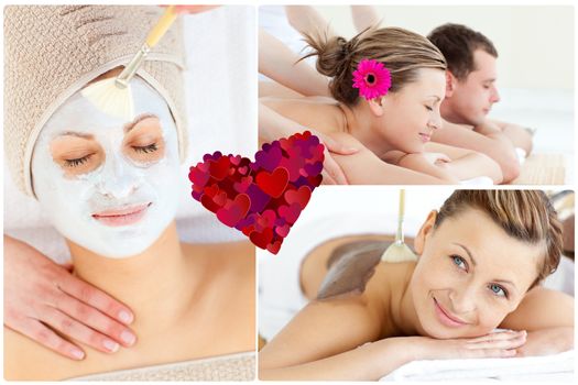 Collage of an attractive couple having relaxation treatments against heart