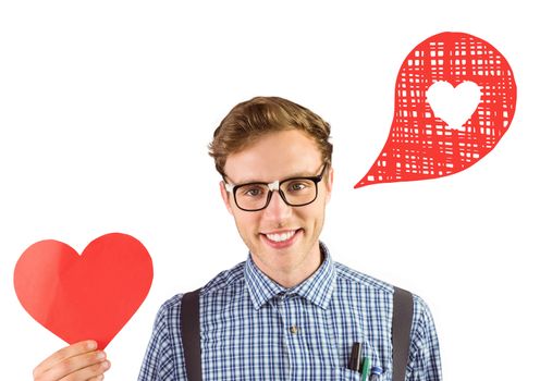 Geeky hipster holding a heart card against heart in speech bubble