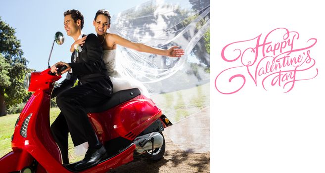 Newlywed couple enjoying scooter ride against happy valentines day