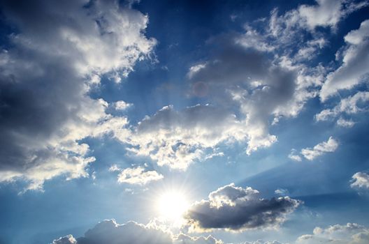 Blue sky with white cloud and sun
