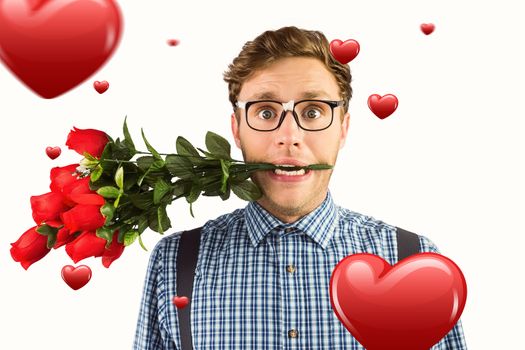 Geeky hipster biting a bunch of roses against hearts