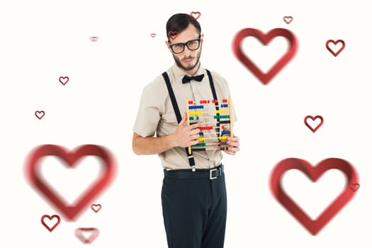 Geeky hipster holding an abacus against hearts