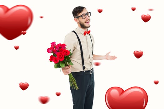 Geeky hipster offering bunch of roses against hearts