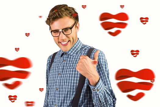Geeky hipster showing thumbs up against hearts