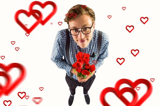 Geeky hipster holding a bunch of roses against hearts