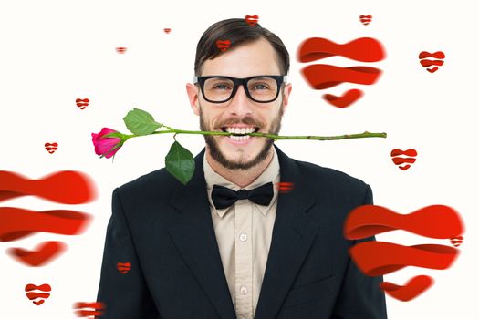 Geeky hipster holding rose between teeth against hearts