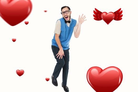 Geeky hipster dancing like a fool against hearts