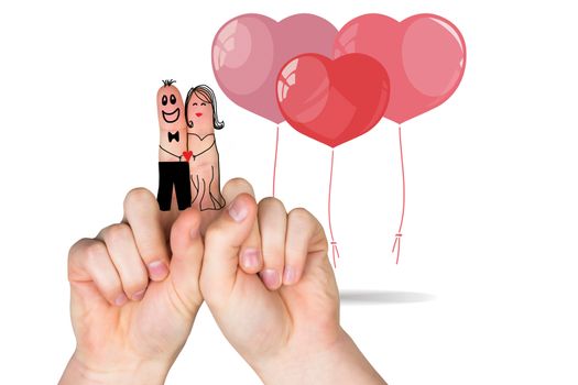 Fingers crossed like a couple against heart balloons