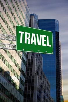 The word travel and green billboard sign against low angle view of skyscrapers