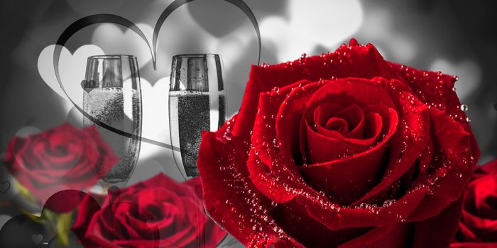 Rose against glowing red valentines composite