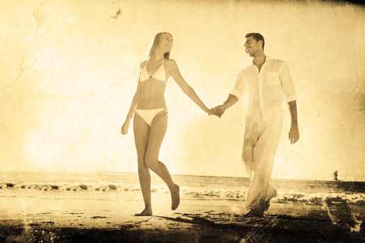 Pretty blonde walking away from man holding her hand against grey background