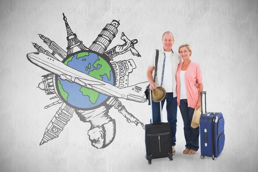 Smiling older couple going on their holidays against white background