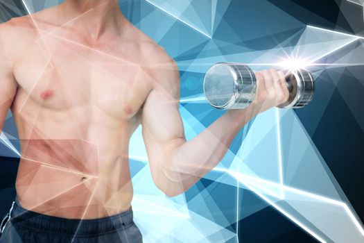 Fit shirtless man lifting dumbbell  against abstract glowing black background